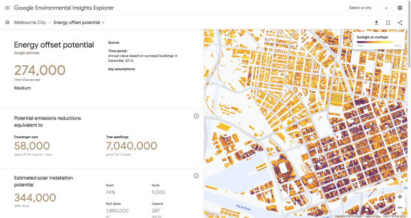 Глядя на данные Google Maps города, в сочетании с другими данными, новый инструмент от Google может оценить углеродный след всех его зданий - и углеродный след всех автомобильных поездок, поездок на автобусе и метро и других транспортных средств, используемых люди, живущие там